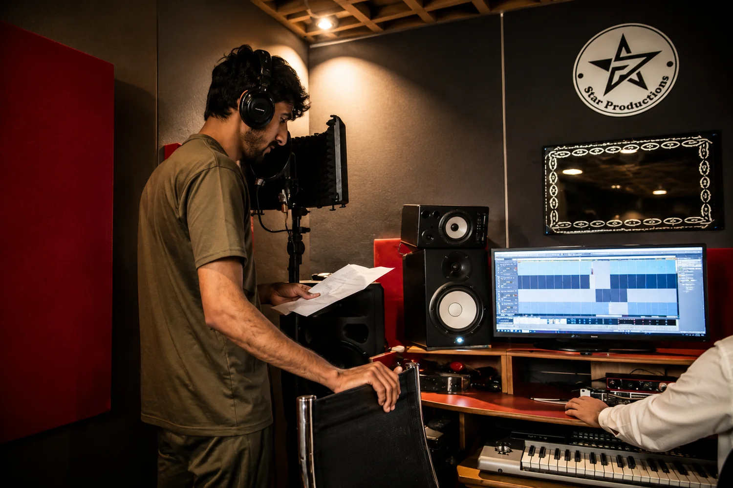 Artist reading lyrics beside the engineer during a session at Star Productions