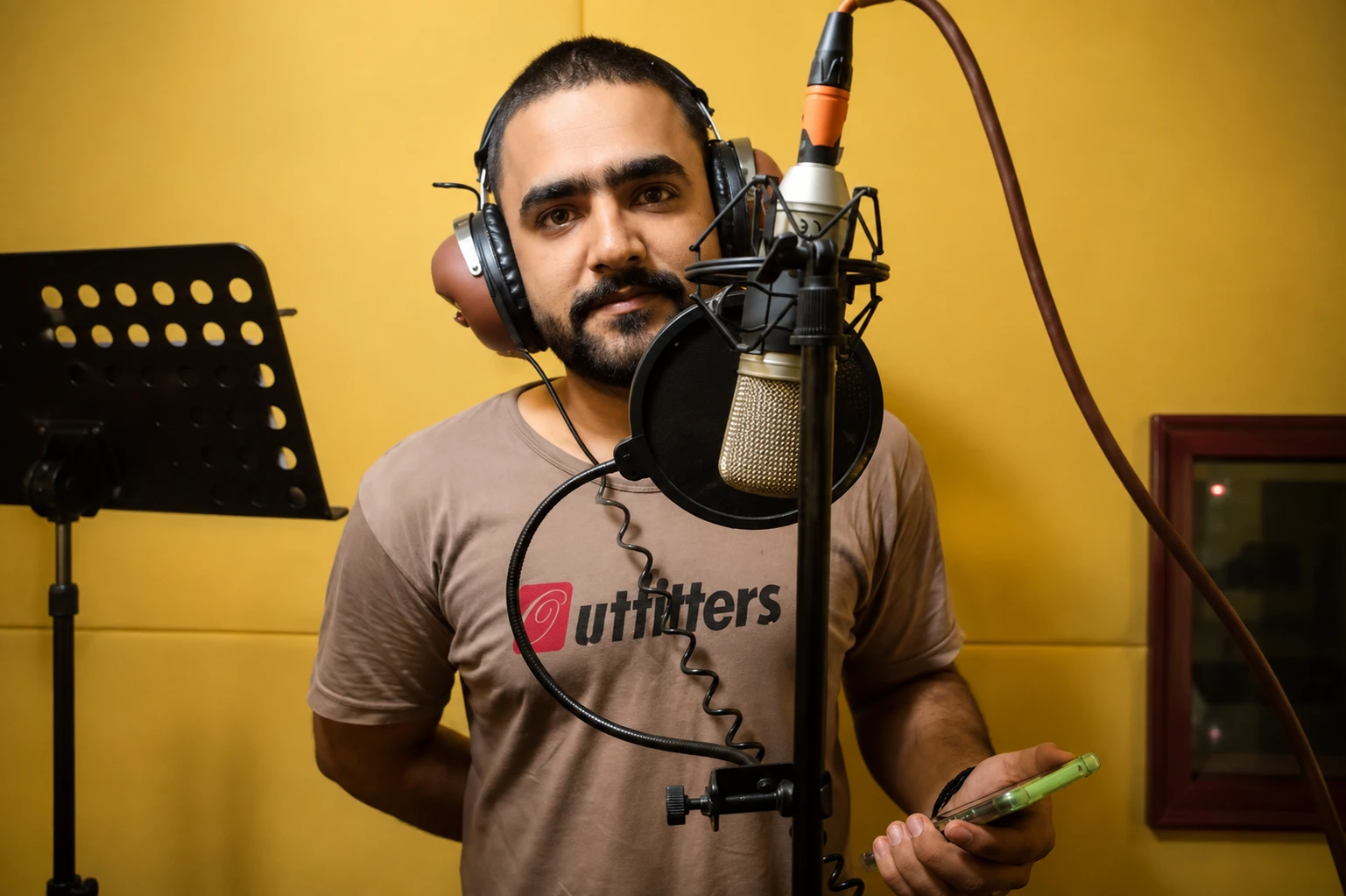 Singer tracking vocals with condenser microphone at Star Productions