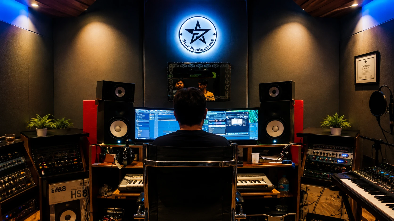 Star Productions control room with studio monitors and mixing desk